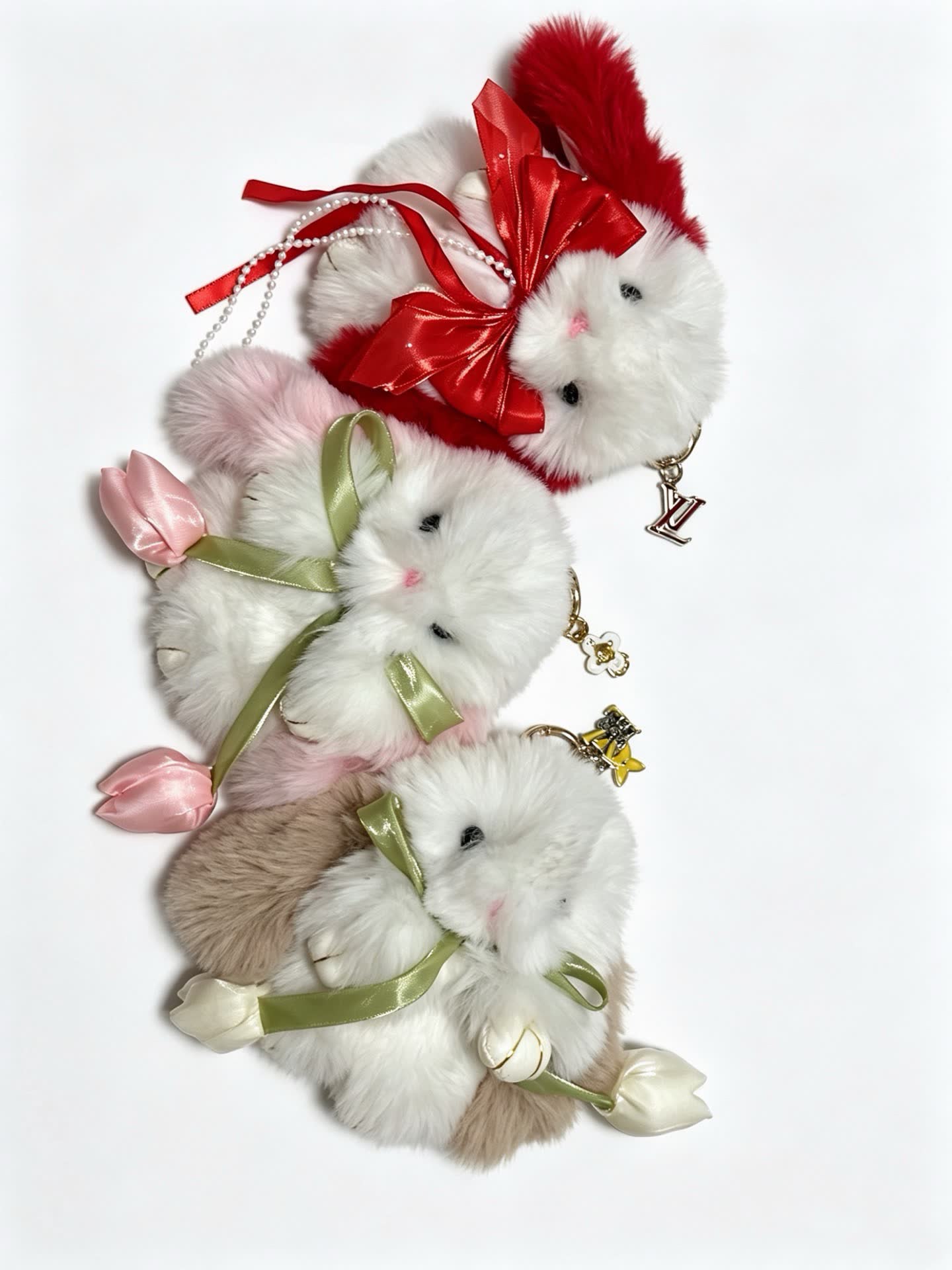 Louis Vuitton Luxury White Rabbit Keychain with Pearls and Ribbons